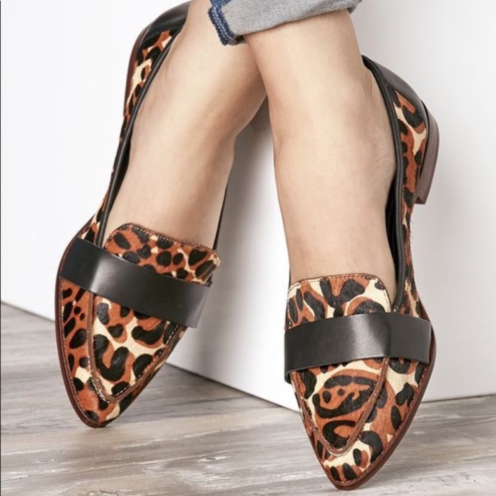 Sole Society pointed toe animal print loafers.